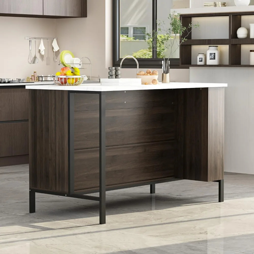 Kitchen Island with Storage, Table with 6 Open Shelves & 2 Drawers & Kitchen Prep