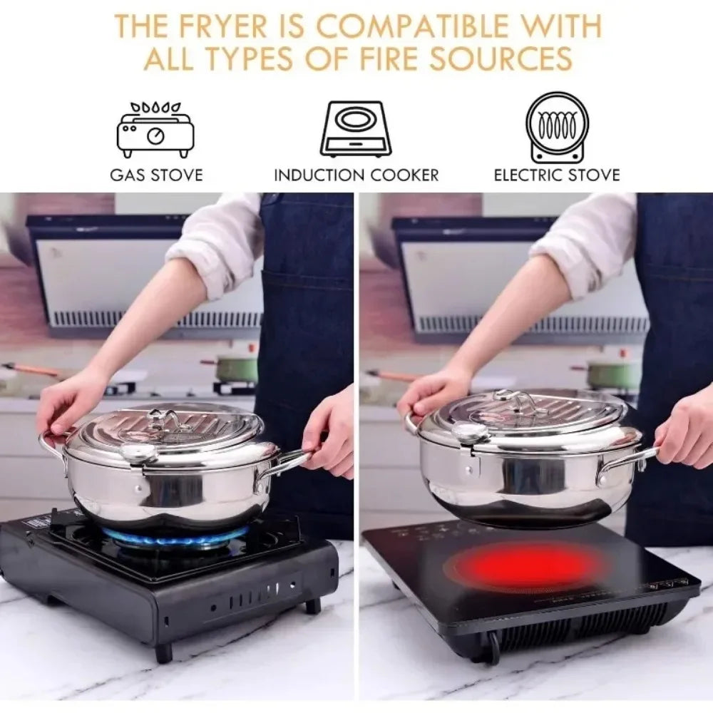 Multifunctional deep fryer with Thermometer, Oil Drip Drainer Rack, Double Bottom Gas Induction
