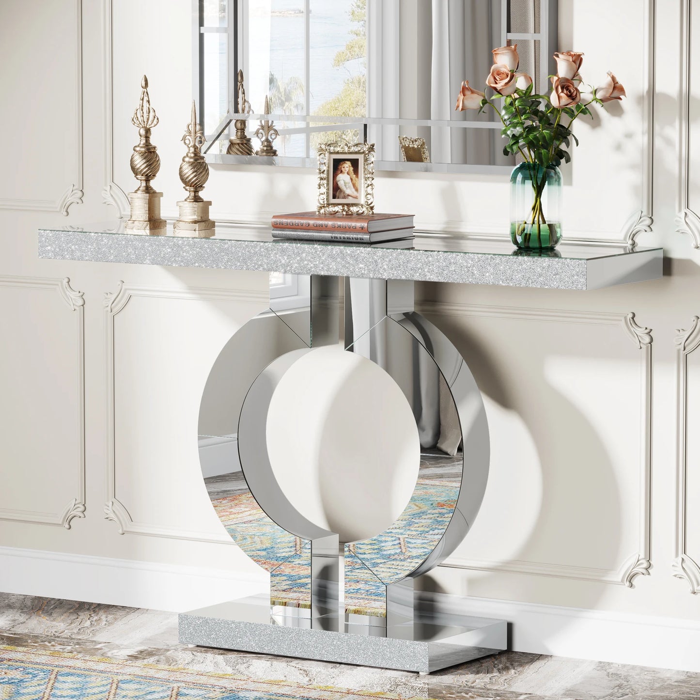 43.3-Inch (110cm)Mirrored Console Table, Modern Entryway Table Mirror Finish Tabletop