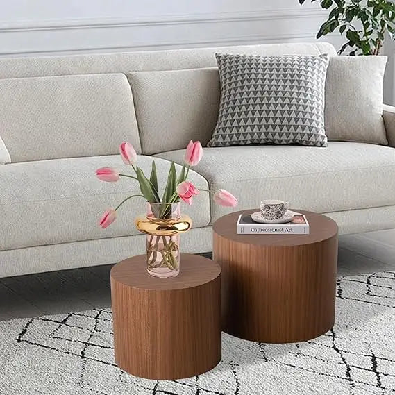Round Nesting Coffee Table Set of 2, Modern Coffee and End Table Set Small Circle Wooden Drum Side Table Accent End Tables for L