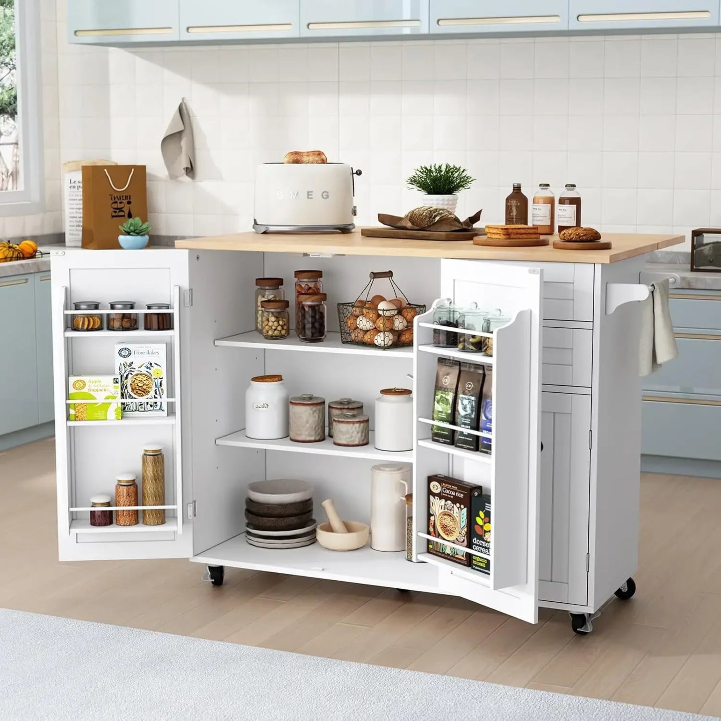 Rolling Kitchen Island with storage, Drop-Leaf Bar Countertop, Island Table with Side