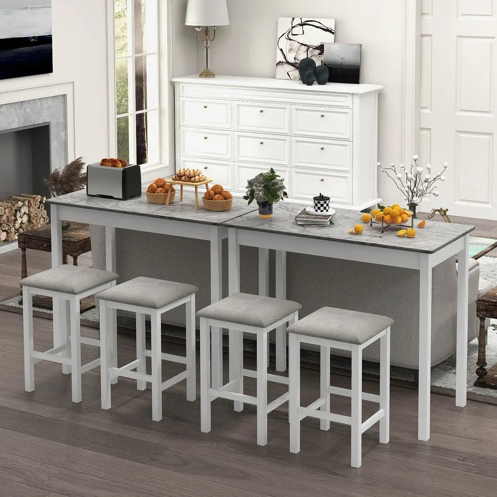 3 PCS Bar Table Set Dining Table & 2 Linen Fabric Padded Bar Stools Faux Marble
