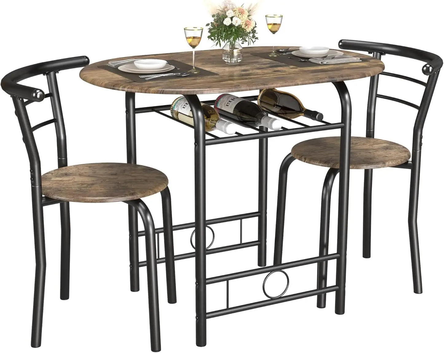 3-Piece Wooden Round Table & Chair Set, Space Saving with Metal Frame