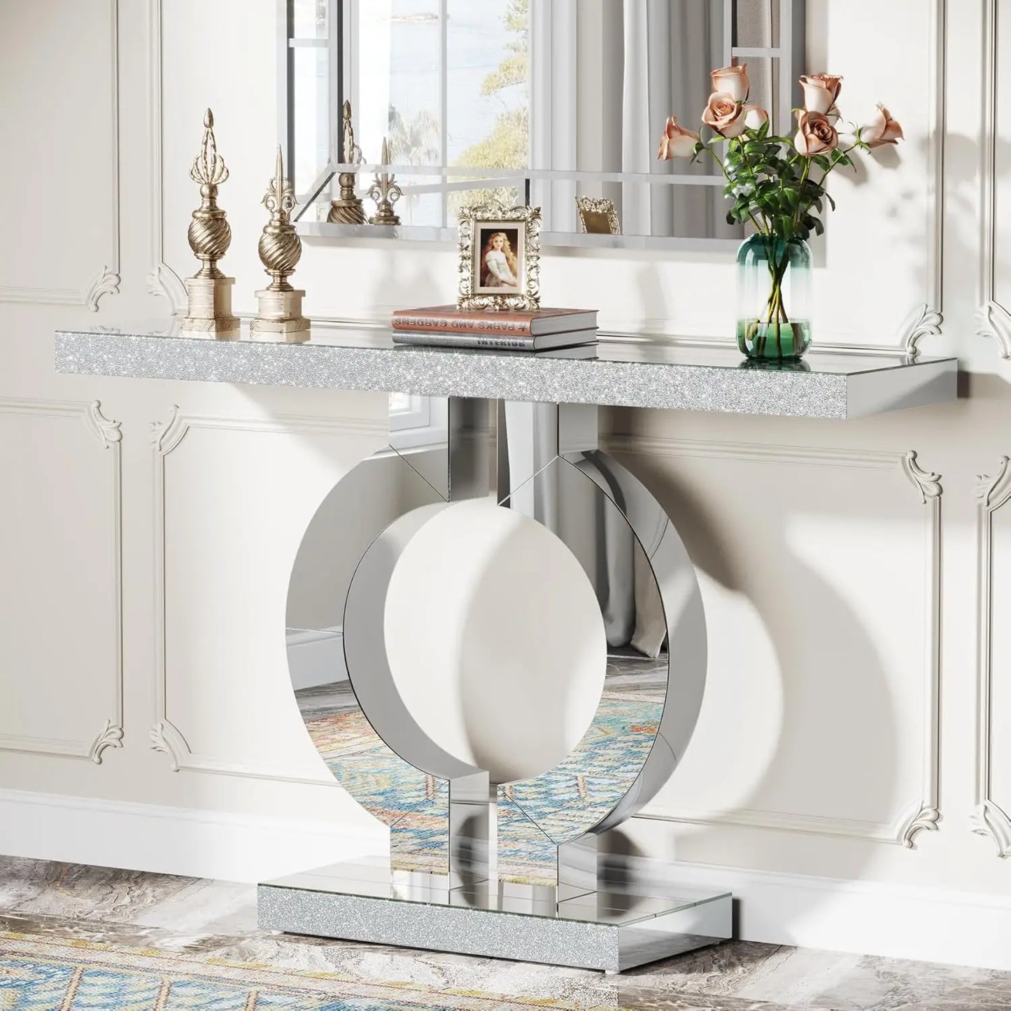 43.3-Inch (110cm)Mirrored Console Table, Modern Entryway Table Mirror Finish Tabletop