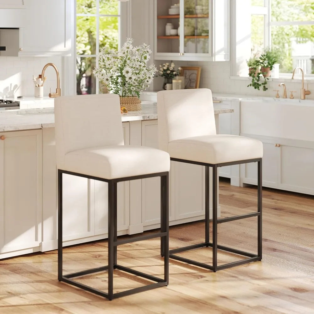 Modern Counter Height Bar Stools, Linen Upholstered with Backrest, 31 Inch