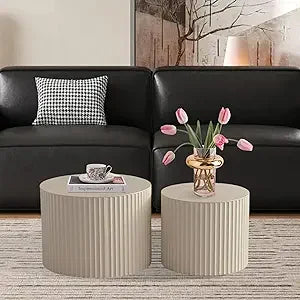 Round Nesting Coffee Table Set of 2, Modern Coffee and End Table Set Small Circle Wooden Drum Side Table Accent End Tables for L