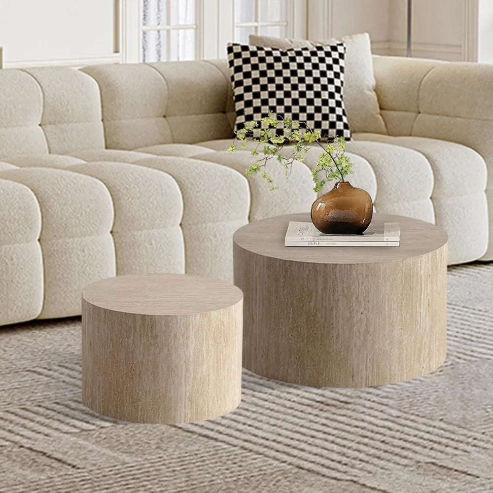 Round Nesting Coffee Table Set of 2, Modern Coffee and End Table Set Small Circle Wooden Drum Side Table Accent End Tables for L