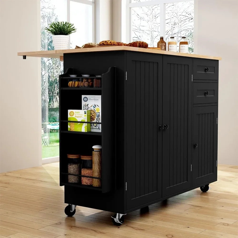 Rolling Kitchen Island with storage, Drop-Leaf Bar Countertop, Island Table with Side