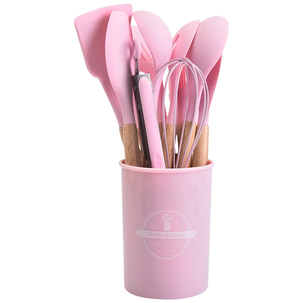 12Pcs Kitchen Utensil Set Silicone Spatula, Wooden Handle, Whisk Non-Stick