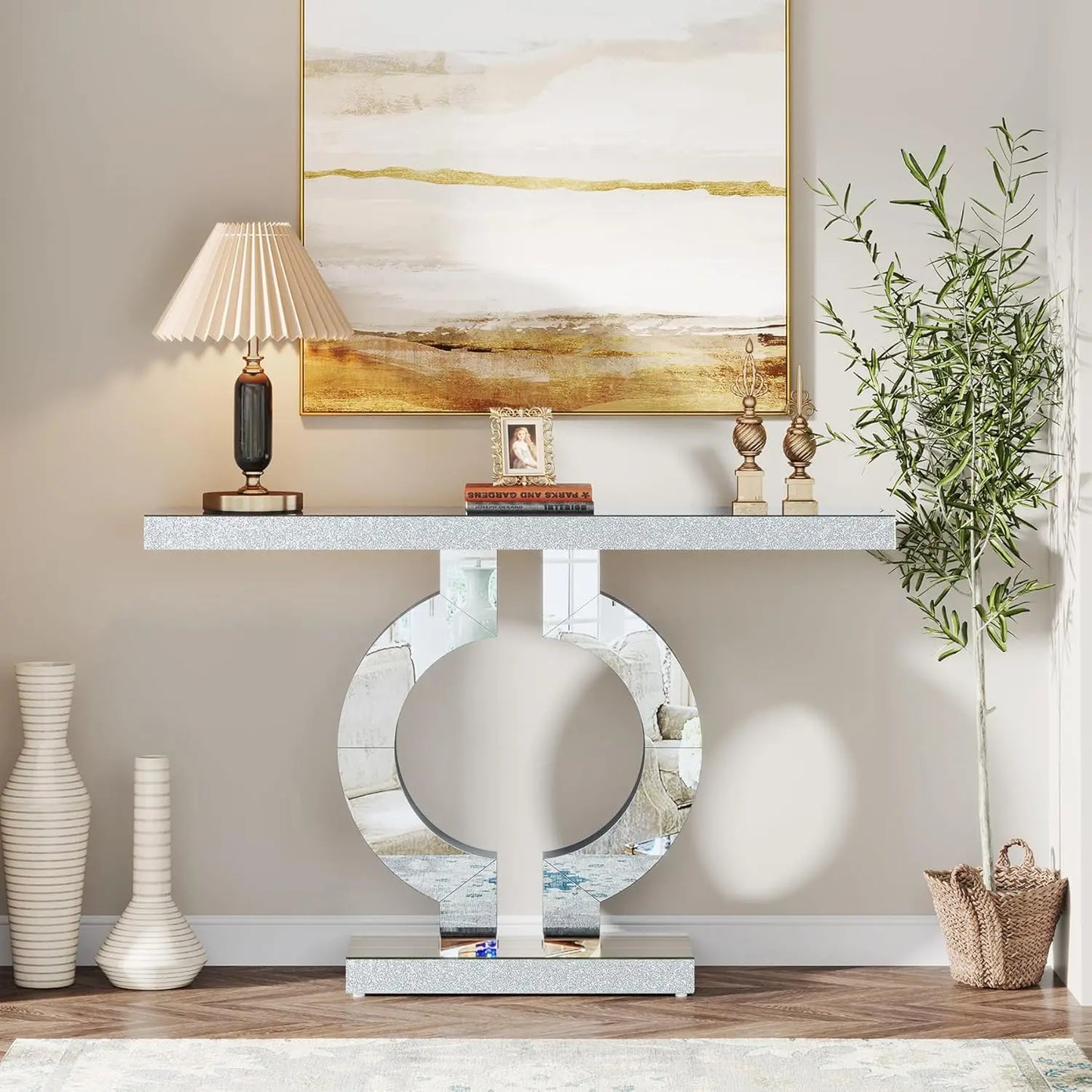 43.3-Inch (110cm)Mirrored Console Table, Modern Entryway Table Mirror Finish Tabletop