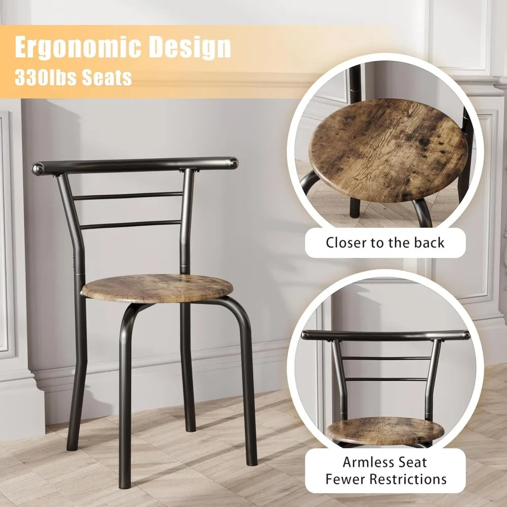 3-Piece Wooden Round Table & Chair Set, Space Saving with Metal Frame