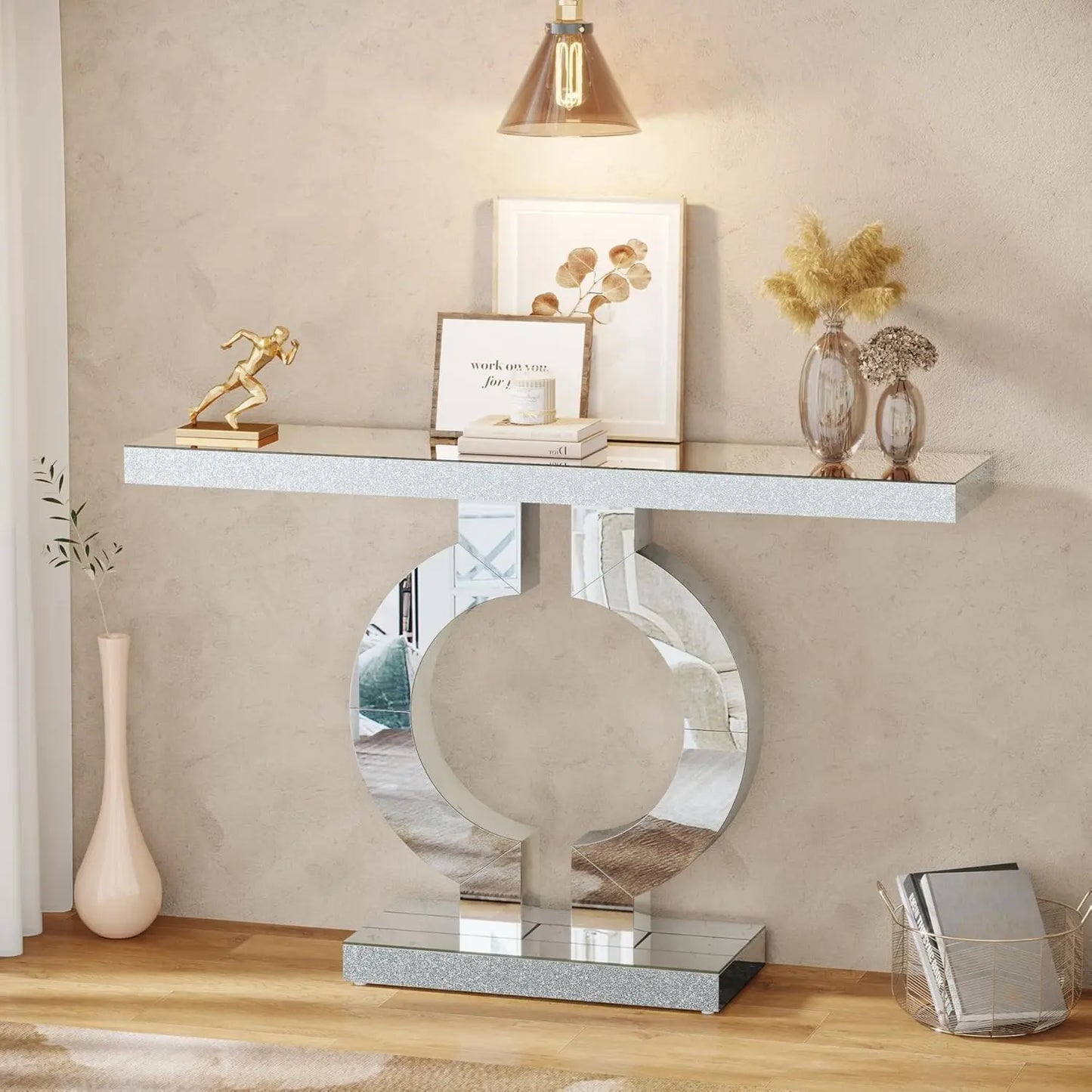 43.3-Inch (110cm)Mirrored Console Table, Modern Entryway Table Mirror Finish Tabletop