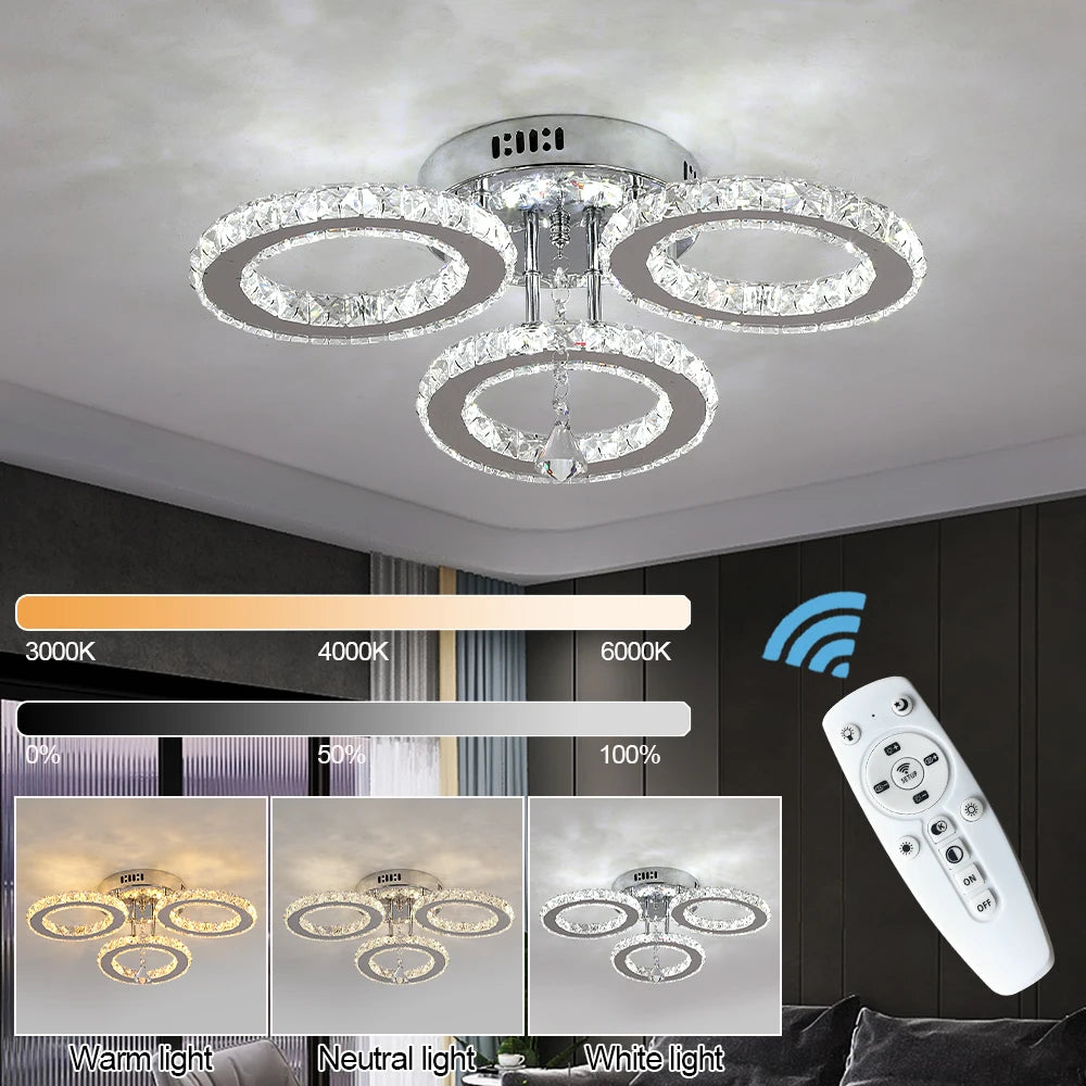 Crystal Led Ceiling Lamp With Remote Control, Modern Chandelier, Surface Mounted Fixture