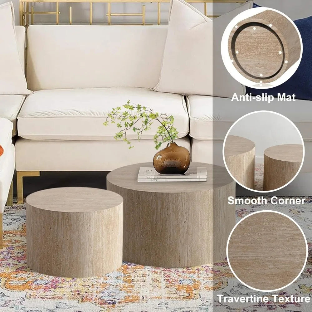 Round Nesting Coffee Table Set of 2, Modern Coffee and End Table Set Small Circle Wooden Drum Side Table Accent End Tables for L