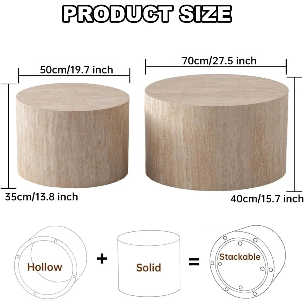Round Nesting Coffee Table Set of 2, Modern Coffee and End Table Set Small Circle Wooden Drum Side Table Accent End Tables for L
