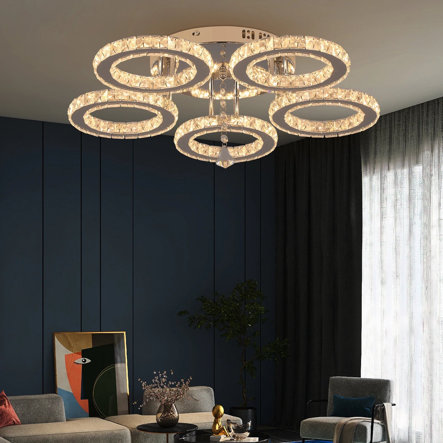 Crystal Led Ceiling Lamp With Remote Control, Modern Chandelier, Surface Mounted Fixture