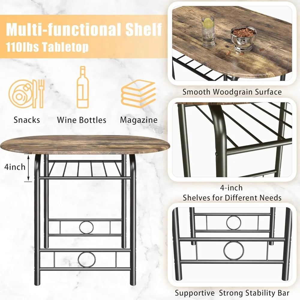 3-Piece Wooden Round Table & Chair Set, Space Saving with Metal Frame
