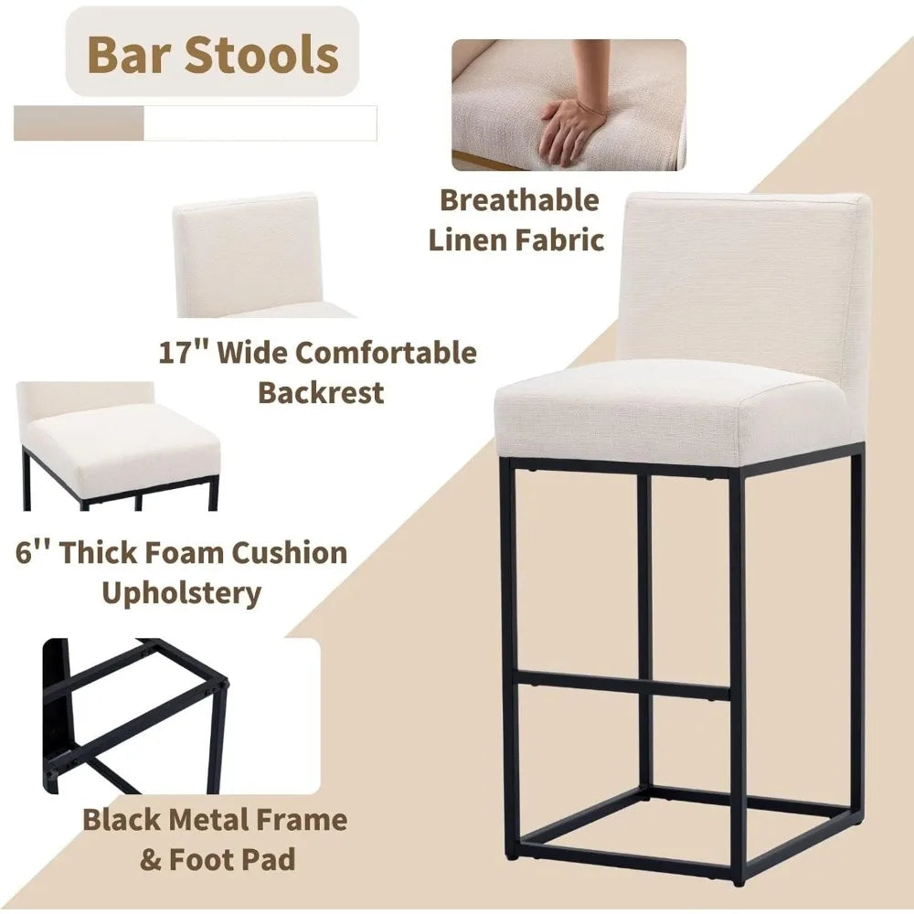 Modern Counter Height Bar Stools, Linen Upholstered with Backrest, 31 Inch