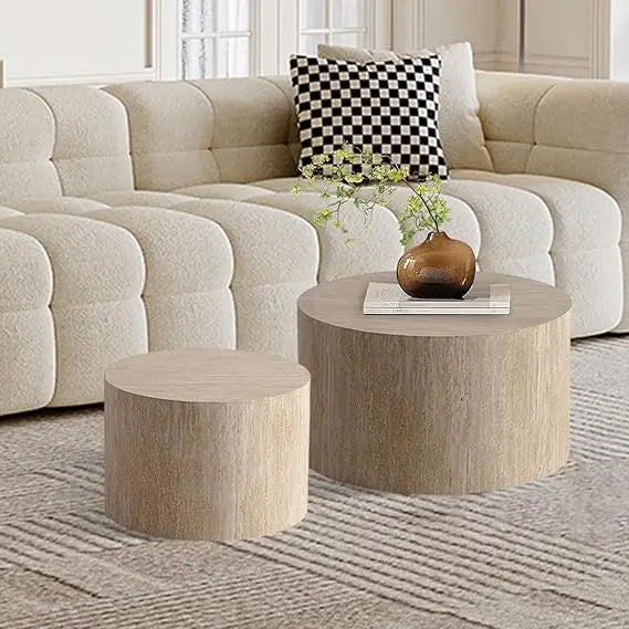 Round Nesting Coffee Table Set of 2, Modern Coffee and End Table Set Small Circle Wooden Drum Side Table Accent End Tables for L