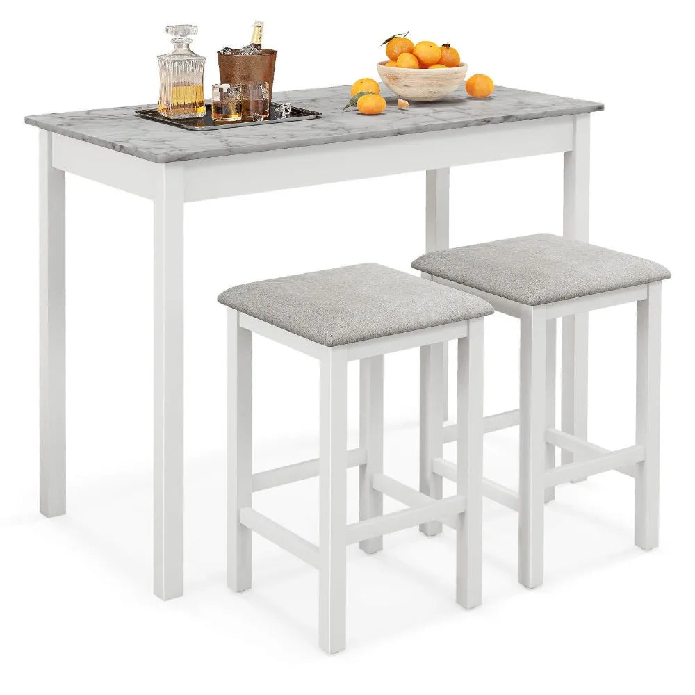 3 PCS Bar Table Set Dining Table & 2 Linen Fabric Padded Bar Stools Faux Marble