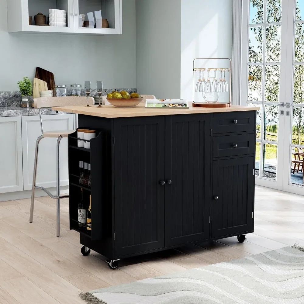 Rolling Kitchen Island with storage, Drop-Leaf Bar Countertop, Island Table with Side