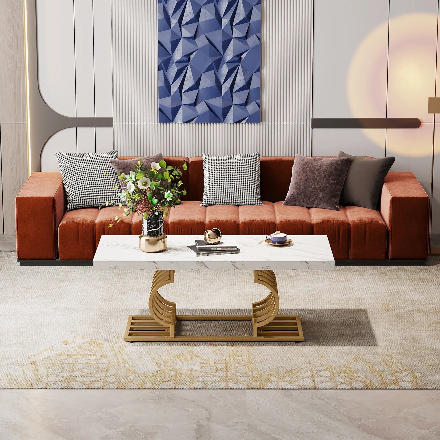 Rectangle Coffee Table, 47.24-inch Modern for Living Room, 2-Tier Faux Marble Wood