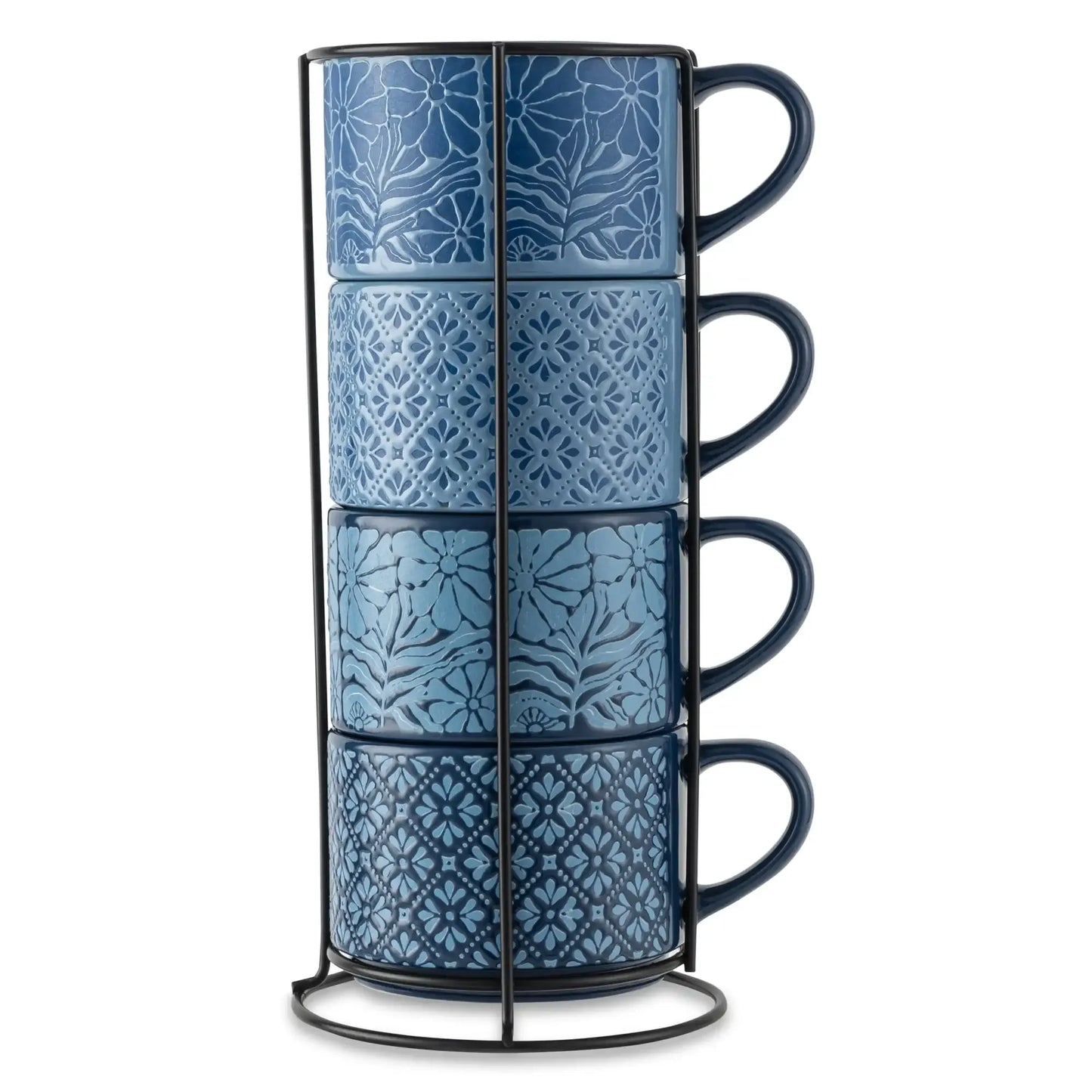 4 Pack Stacking Mugs, Blue Flowers and Blue Shapes 11.1 fl oz, Stoneware