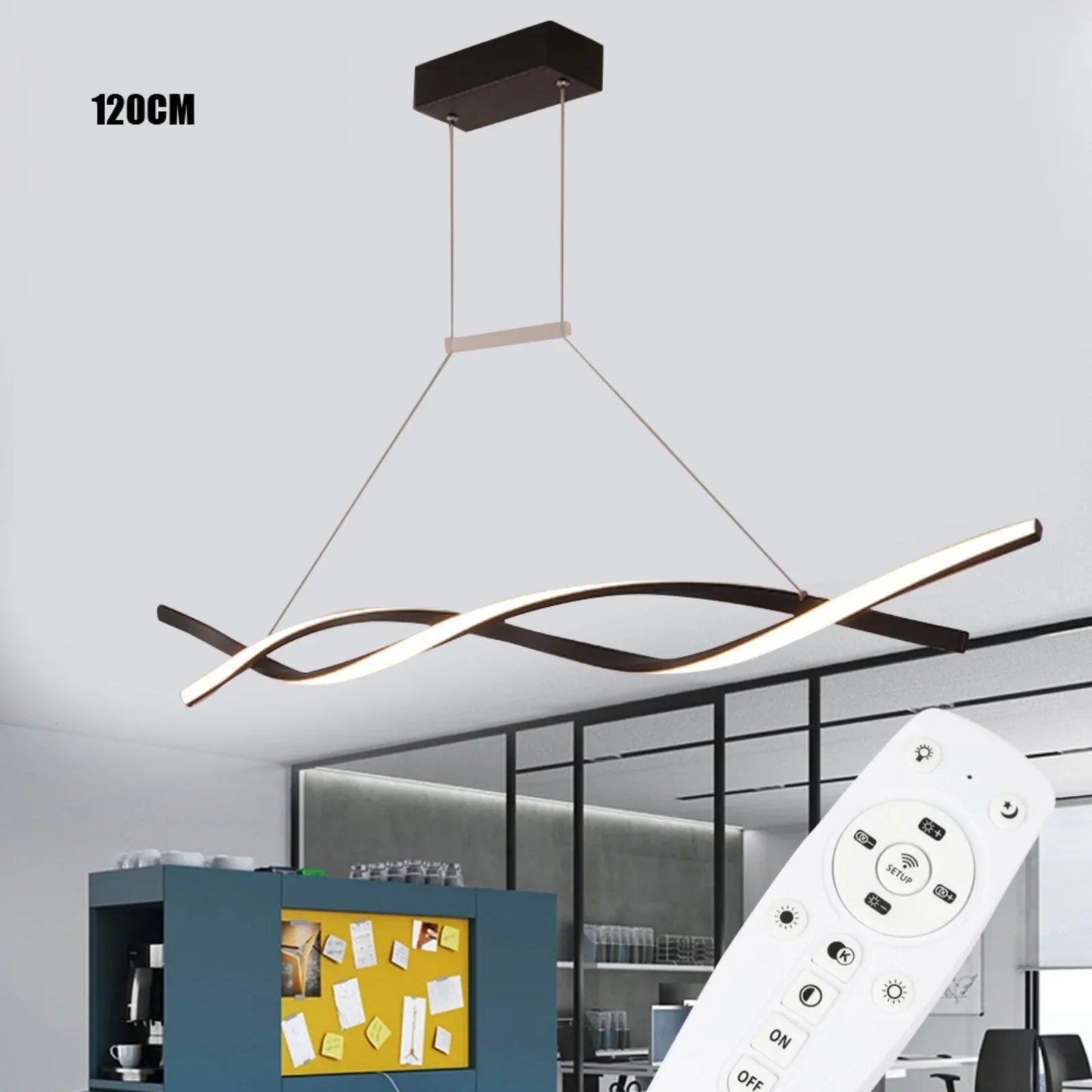 Modern Black Pendant Light for Dining Room, Remote Control Dimmable LED, Adjustable