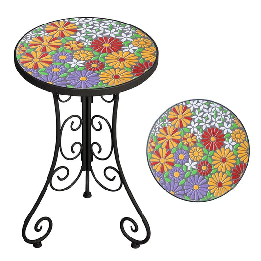 Mosaic Outdoor Side Table, Patio, Weather Resistant 14"" Diameter 21"" H Ceramic Tile, Round