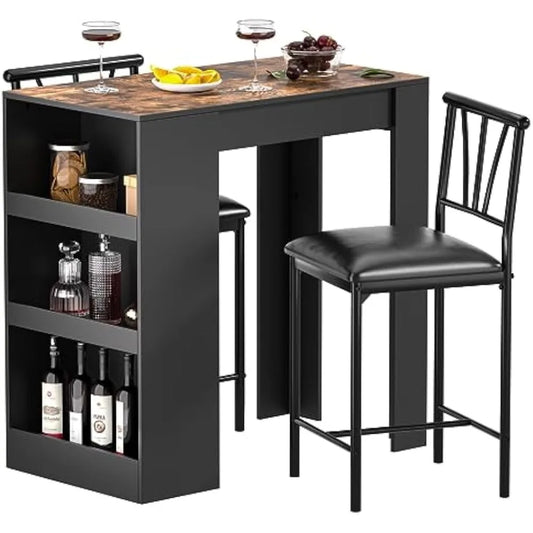 Small Table Tall Kitchen Breakfast Nook with Stools Set for 2, Storage Shelves, Space-Saving, Retro