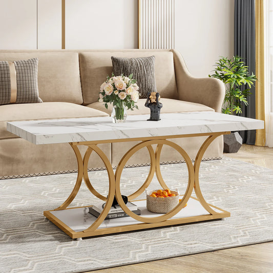 Rectangle Coffee Table, 47.24-inch Modern for Living Room, 2-Tier Faux Marble Wood