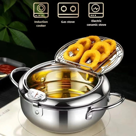 Multifunctional deep fryer with Thermometer, Oil Drip Drainer Rack, Double Bottom Gas Induction