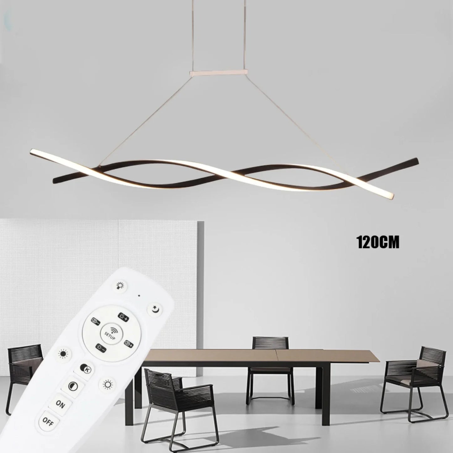 Modern Black Pendant Light for Dining Room, Remote Control Dimmable LED, Adjustable