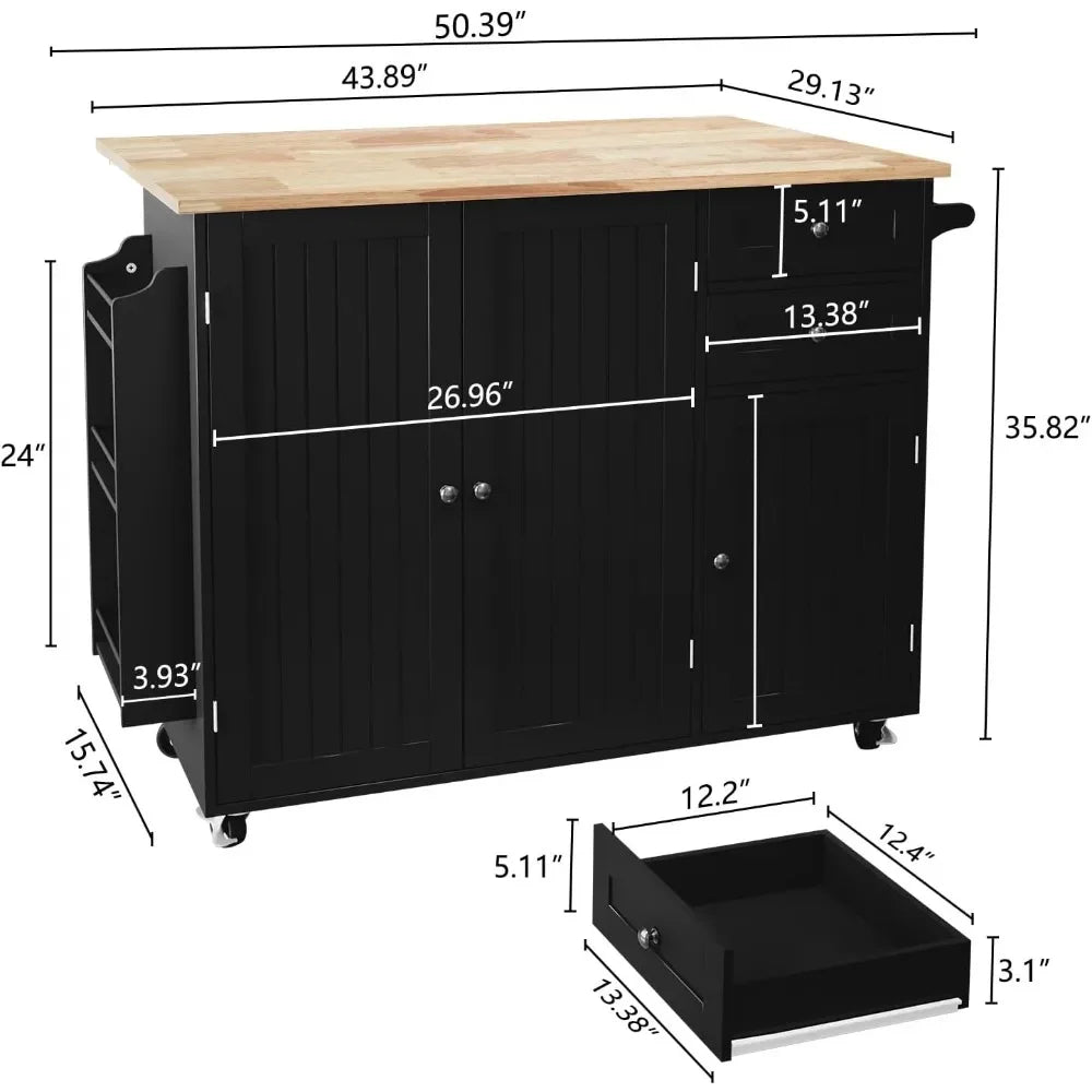 Rolling Kitchen Island with storage, Drop-Leaf Bar Countertop, Island Table with Side