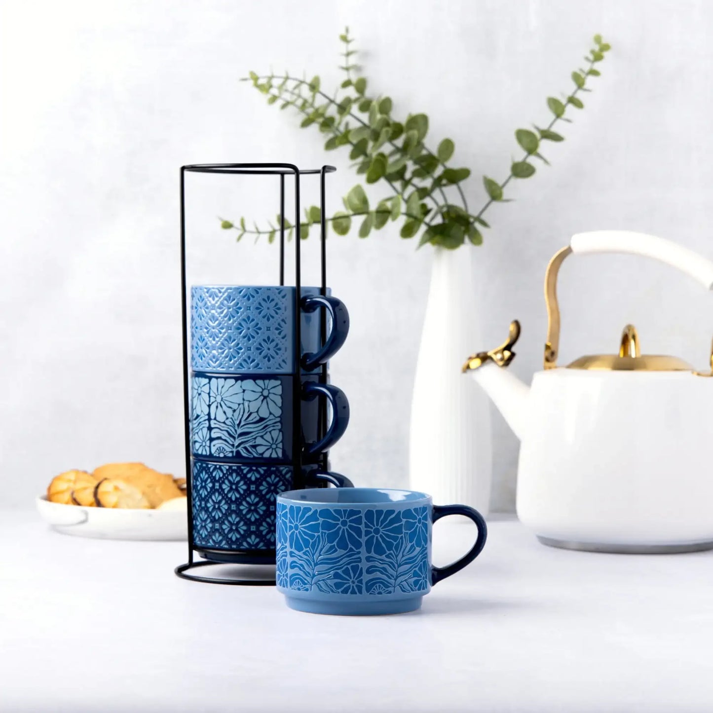 4 Pack Stacking Mugs, Blue Flowers and Blue Shapes 11.1 fl oz, Stoneware