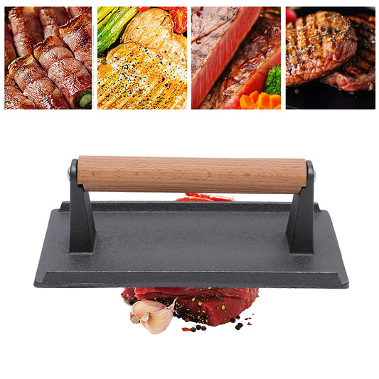 Kitchen Heavy Cast Flat Iron Steak/Bacon Press with Wooden Handle, Grill Press Commercial Grade