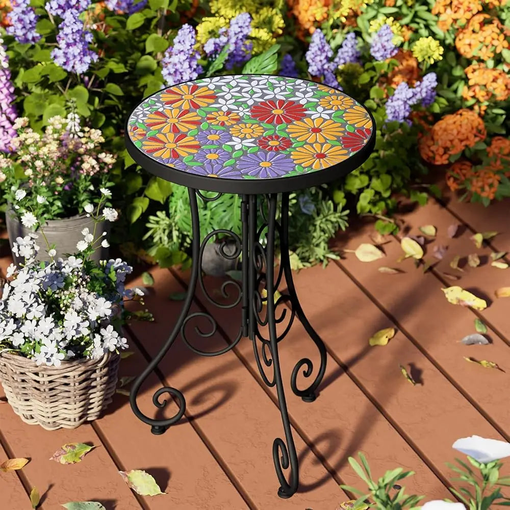 Mosaic Outdoor Side Table, Patio, Weather Resistant 14"" Diameter 21"" H Ceramic Tile, Round