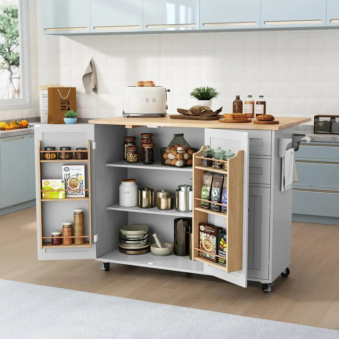 Rolling Kitchen Island with storage, Drop-Leaf Bar Countertop, Island Table with Side