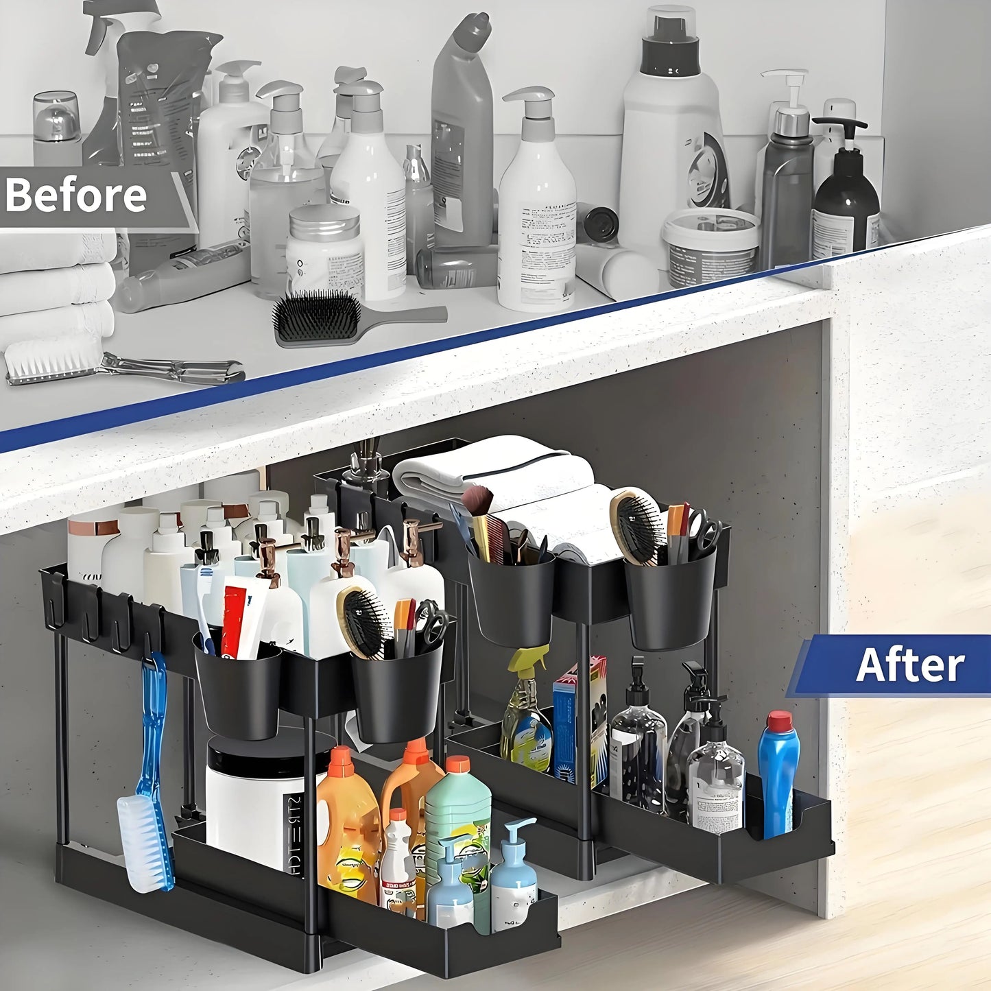 2-Pack Modular Under Sink Shelves - Adjustable Steel Organizer ✔Epoxy-Coated & Rustproof (Cabinet Closet Storage)