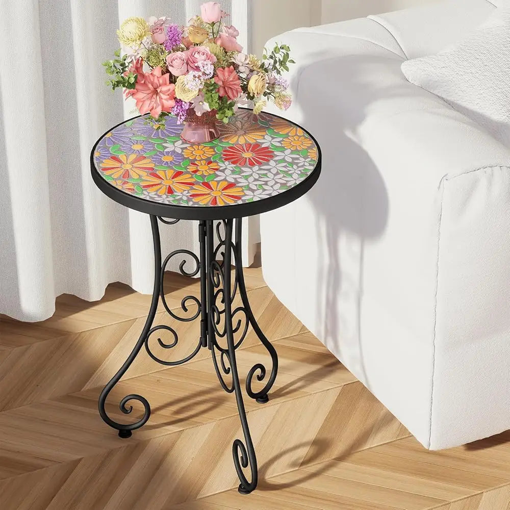 Mosaic Outdoor Side Table, Patio, Weather Resistant 14"" Diameter 21"" H Ceramic Tile, Round