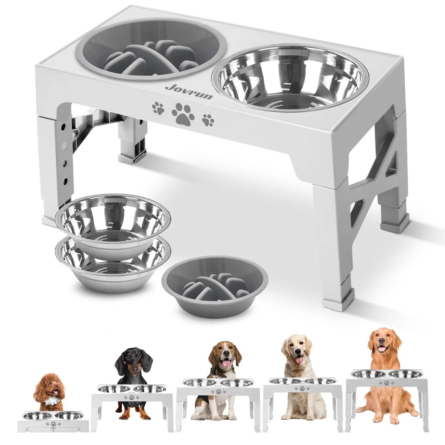 Adjustable Elevated Dog Bowls Stand with 3 Stainless Steel Bowls Slow Feeder Non Slip