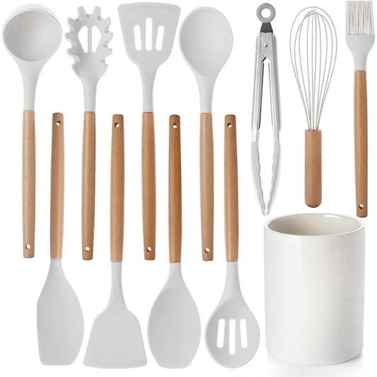 12Pcs Kitchen Utensil Set Silicone Spatula, Wooden Handle, Whisk Non-Stick