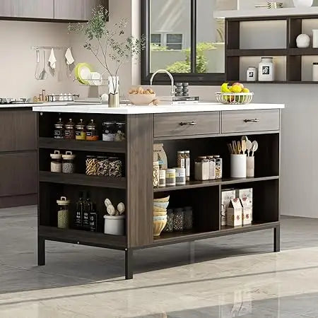 Kitchen Island with Storage, Table with 6 Open Shelves & 2 Drawers & Kitchen Prep