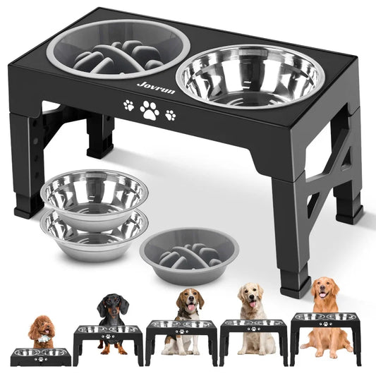Adjustable Elevated Dog Bowls Stand with 3 Stainless Steel Bowls Slow Feeder Non Slip