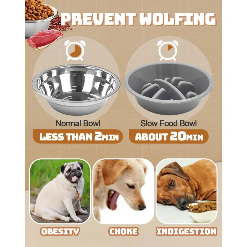 Adjustable Elevated Dog Bowls Stand with 3 Stainless Steel Bowls Slow Feeder Non Slip