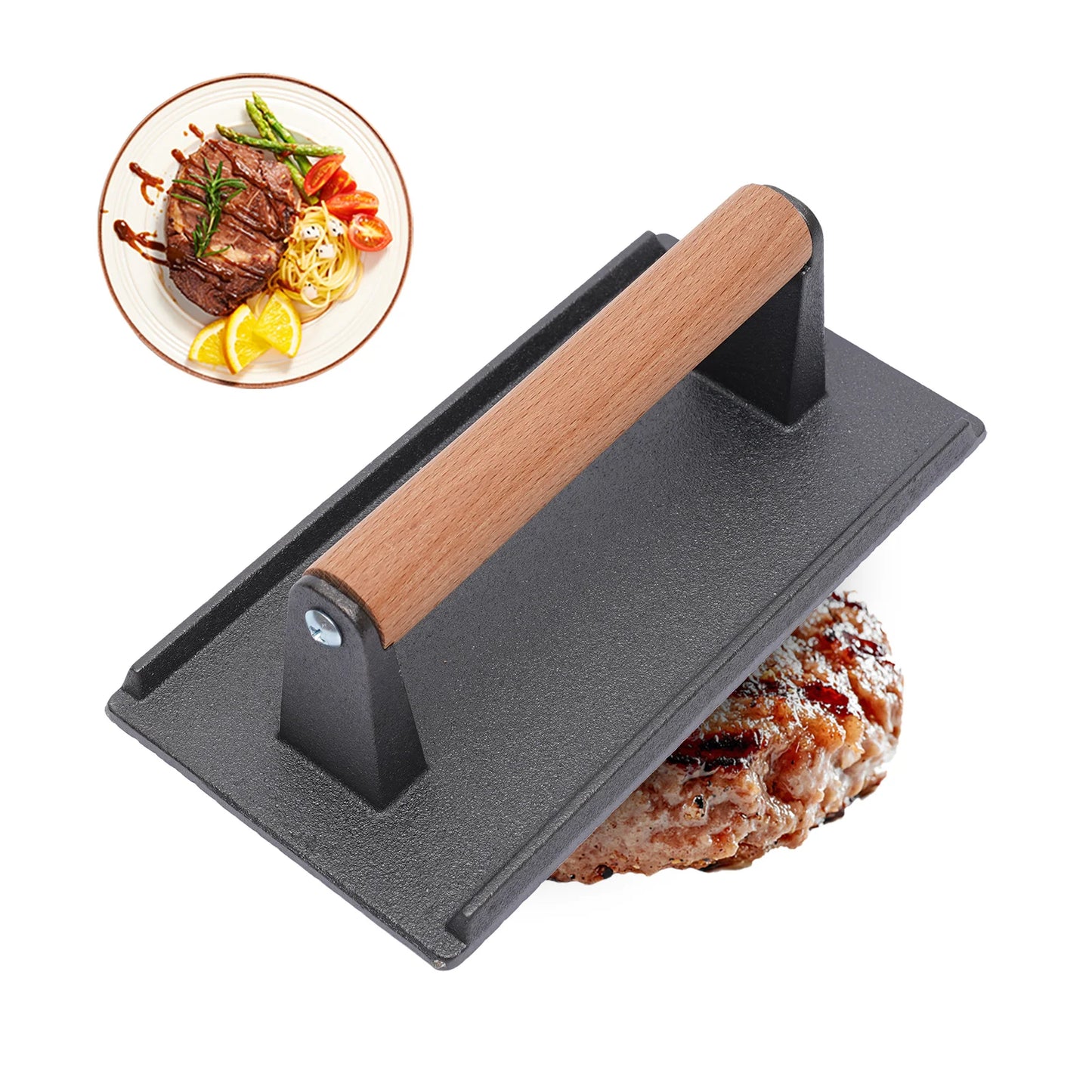 Kitchen Heavy Cast Flat Iron Steak/Bacon Press with Wooden Handle, Grill Press Commercial Grade
