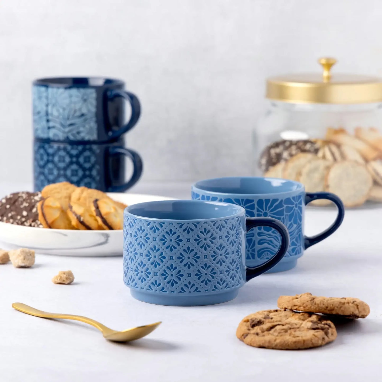 4 Pack Stacking Mugs, Blue Flowers and Blue Shapes 11.1 fl oz, Stoneware