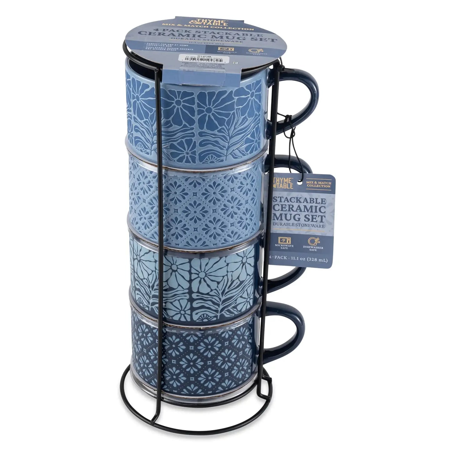 4 Pack Stacking Mugs, Blue Flowers and Blue Shapes 11.1 fl oz, Stoneware