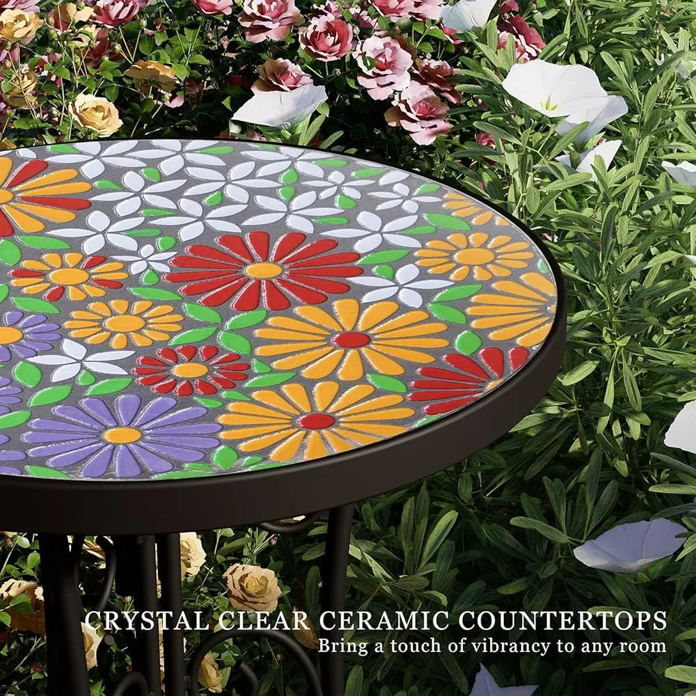 Mosaic Outdoor Side Table, Patio, Weather Resistant 14"" Diameter 21"" H Ceramic Tile, Round