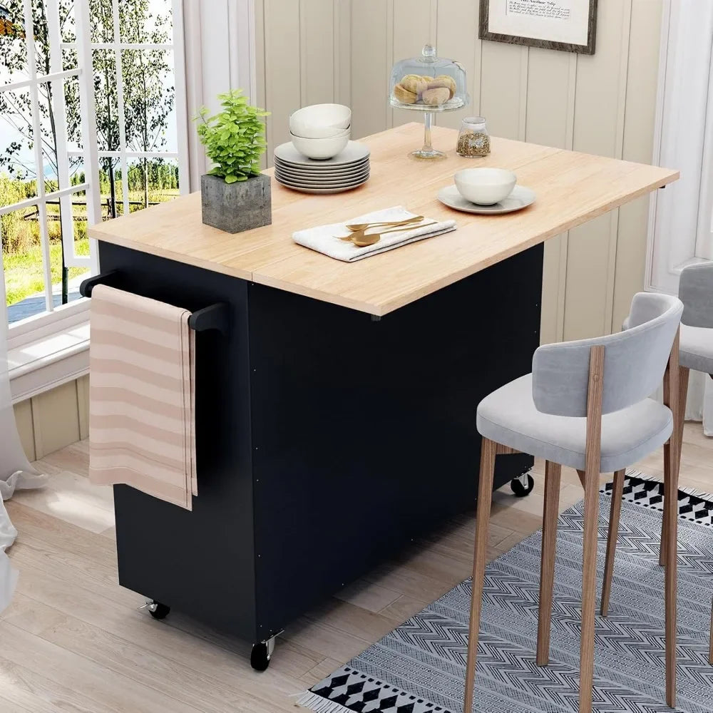 Rolling Kitchen Island with storage, Drop-Leaf Bar Countertop, Island Table with Side
